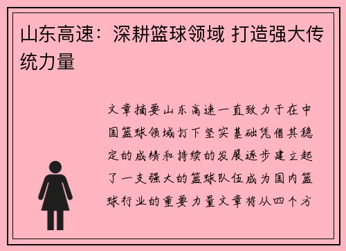 山东高速：深耕篮球领域 打造强大传统力量
