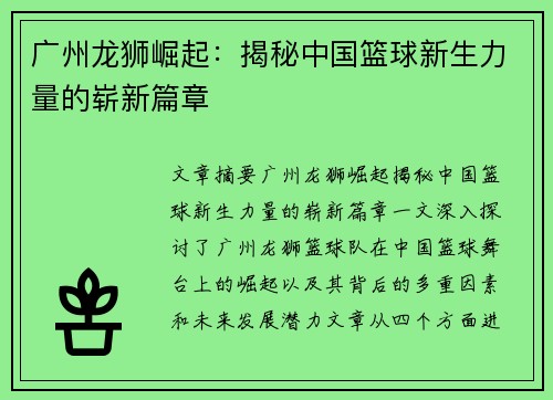 广州龙狮崛起：揭秘中国篮球新生力量的崭新篇章