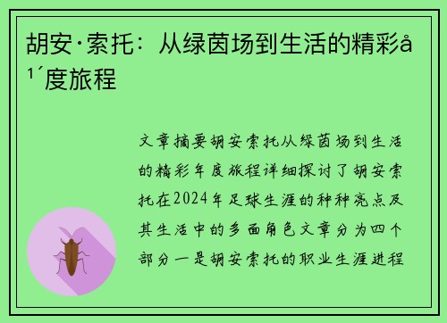 胡安·索托：从绿茵场到生活的精彩年度旅程