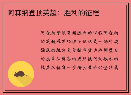阿森纳登顶英超：胜利的征程